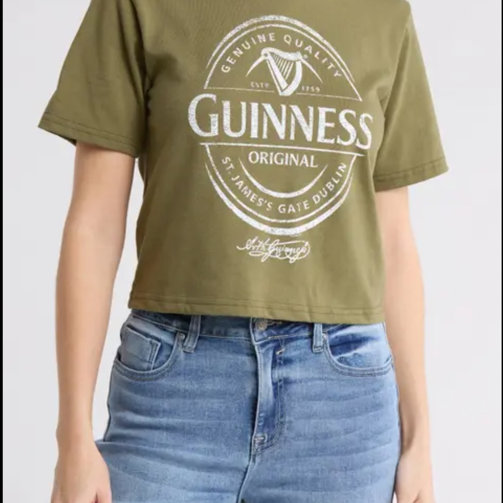 Guinness Military Green Graphic Crop T-Shirt Short Sleeve